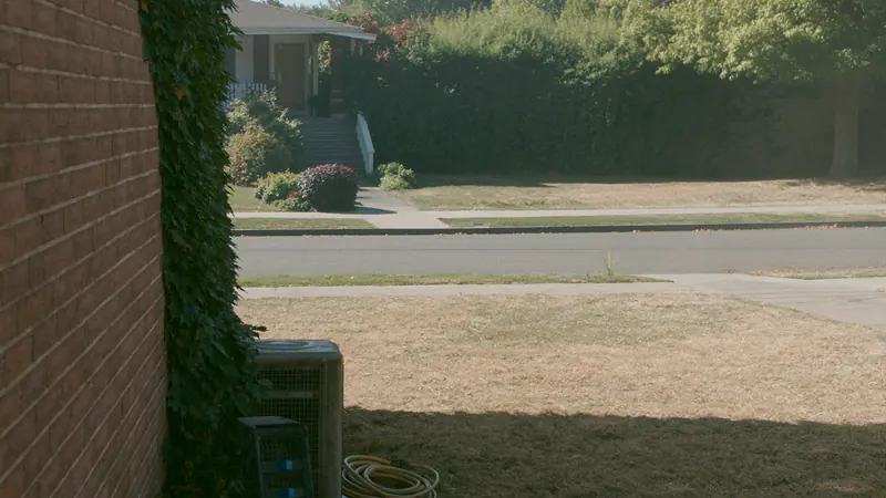 An older air conditioning condenser beside an ivy covered brick wall in shade, a coiled garden hose on the ground, a ranch house across the street in summer light