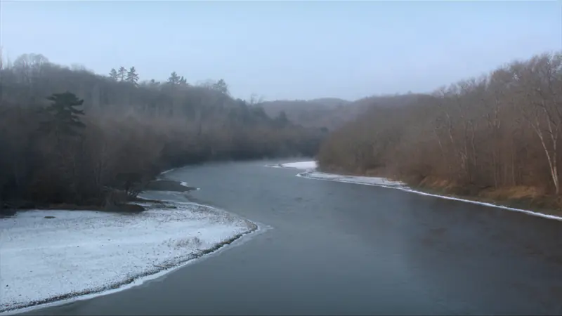 A river bending through bare woods with mist rising and snow on the banks at dawn