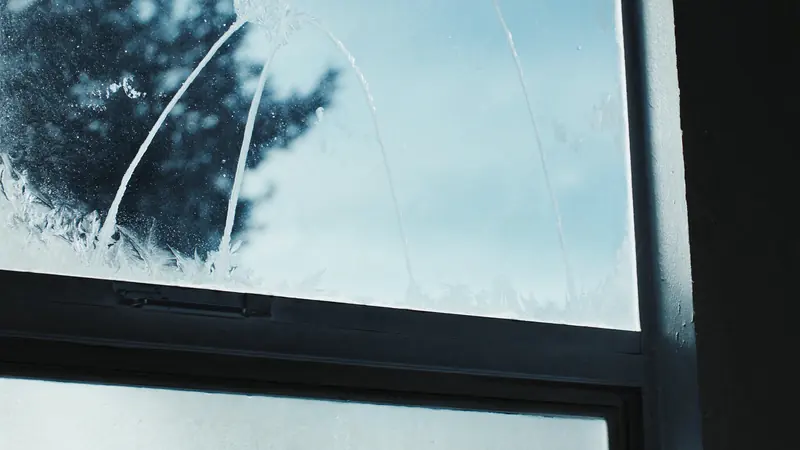 Frost feathers across a window pane against a pale blue morning sky, the dark sash below