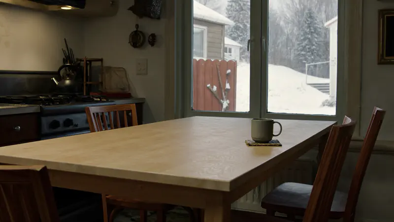 A wooden kitchen table with a single mug, a stove and kettle behind it, and a snowy yard through the window