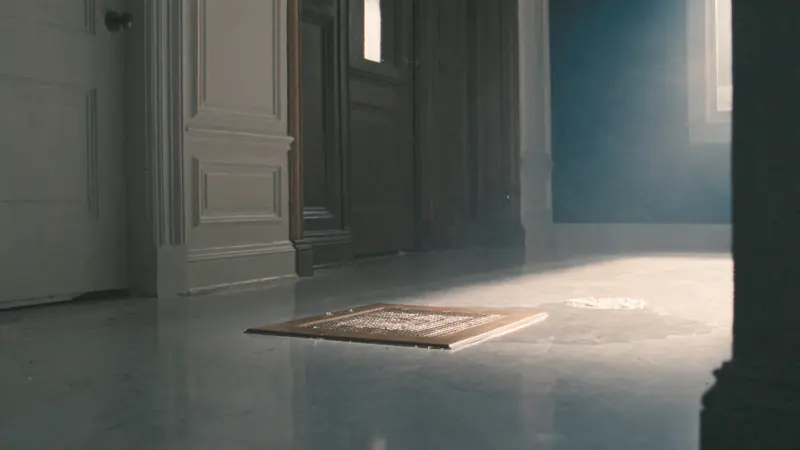 A brass floor register set in a hallway floor, panelled doors behind it and morning light across the boards